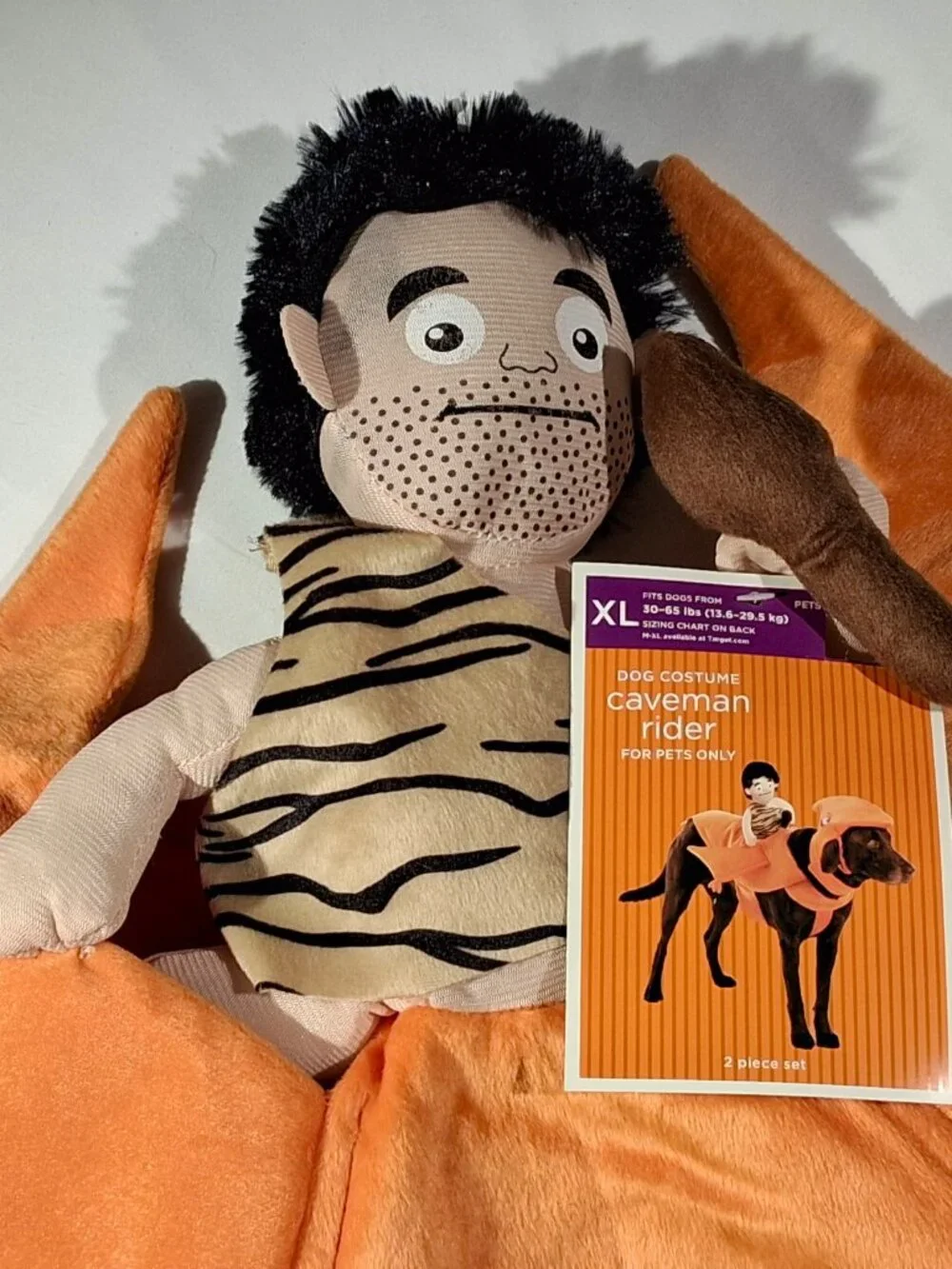 CAVEMAN RIDER DOG COSTUME 2 pc set  XL (30-65lbs)  Rider & Headpiece  Plush  NEW